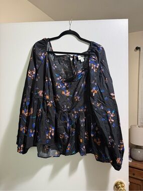 Ava & Viv Black Floral Peasant Blouse with Blue and Orange Accents